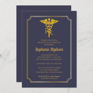 Elegant Blue | Gold Rx Pharmacy Graduation Party Invitation