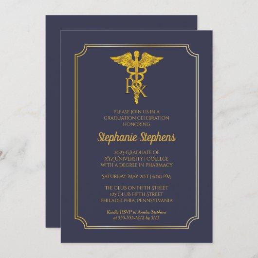 Elegant Blue | Gold Rx Pharmacy Graduation Party Invitation