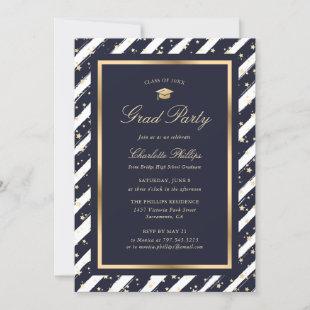 Elegant Blue Gold Starry Photo Graduation Party Invitation