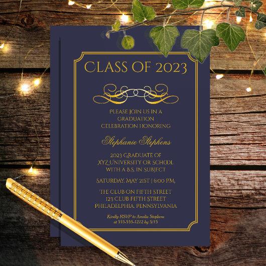 Elegant Blue | Gold University Graduation Party Invitation