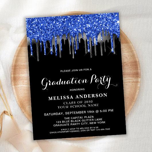 Elegant Blue Silver Black Glitter Drips Graduation Invitation Postcard