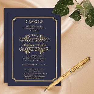Elegant Blue University Graduation Party Gold Foil Invitation