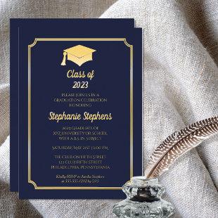 Elegant Blue University Graduation Party Gold  Foil Invitation
