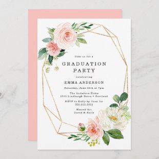 Elegant Blush Floral Gold Frame Graduation Party Invitation