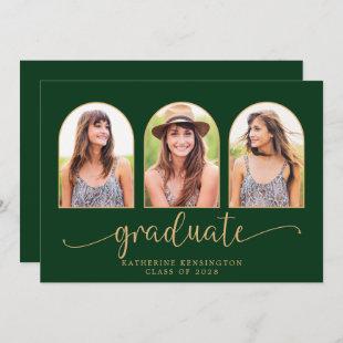 Elegant Boho Arch Green Gold 3 Photo Graduation Invitation