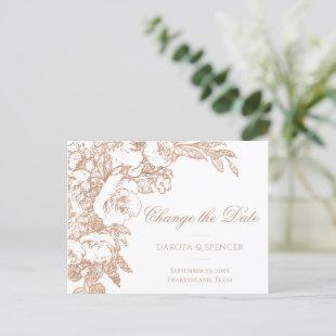 Elegant Botanical | Copper Rose Gold Date Change Announcement Postcard