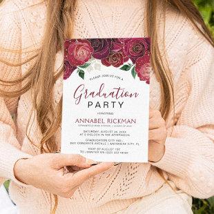 Elegant Burgundy Floral Graduation  Party Invitation