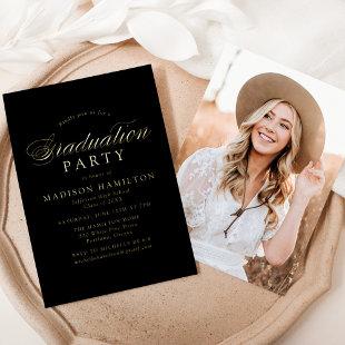 Elegant Calligraphy Black Photo Graduation Party Foil Invitation