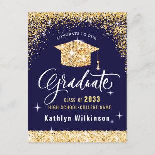 Elegant Calligraphy Gold Glitter Graduation Announcement Postcard