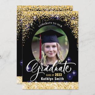 Elegant Calligraphy Gold Glitter Photo Graduation Announcement