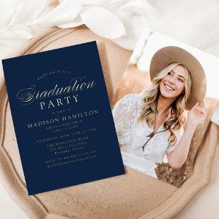 Elegant Calligraphy Navy Photo Graduation Party Foil Invitation