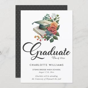 Elegant Cap Book Flowers Graduation Announcement