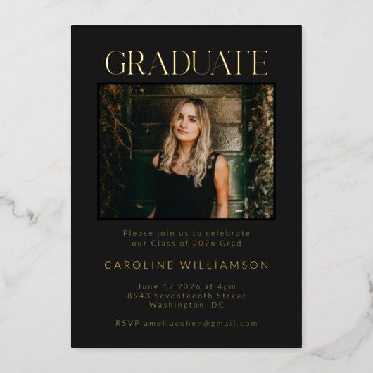 Elegant Chic Gold Black Two Photo Graduation Party Foil Invitation