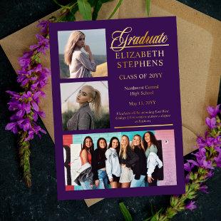Elegant Classy Graduate Purple Graduation 3 Photo Foil Invitation
