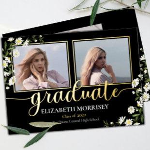 Elegant Daisies |Black 3 Photo Graduate Graduation Foil Invitation