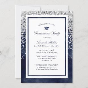 Elegant Dark Blue Foil Photo Graduation Party Invitation