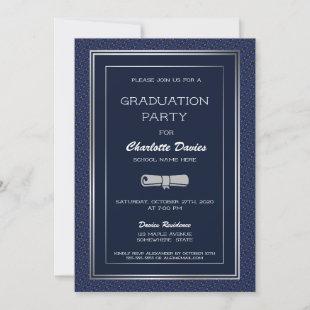 Elegant Dark Blue Silver Border Graduation Party Invitation