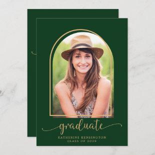 Elegant Dark Green Gold Arch Photo Graduation Invitation