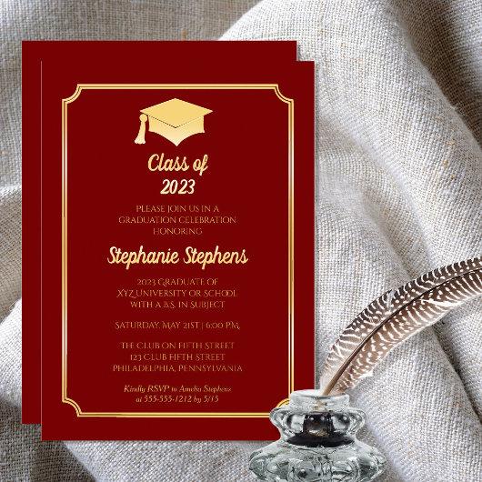 Elegant Dk Red University Graduation Party Gold Foil Invitation