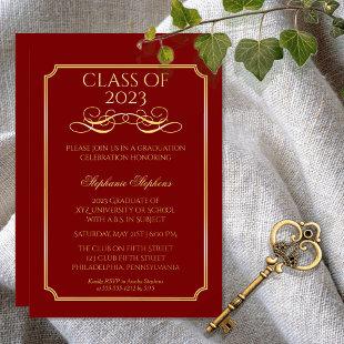 Elegant Dk Red University Graduation Party Gold  Foil Invitation