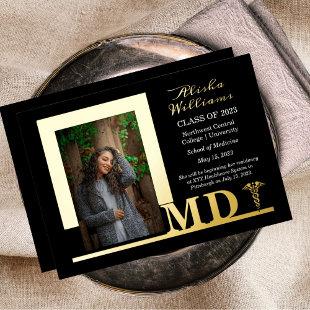 Elegant Dr MD Caduceus Photo Graduate Black Foil Invitation