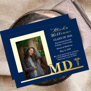 Elegant Dr MD Caduceus Photo Graduate Blue Foil Invitation