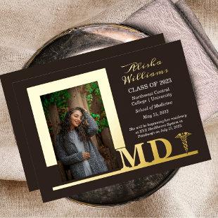 Elegant Dr MD Caduceus Photo Graduate Brown Foil Invitation