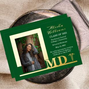 Elegant Dr MD Caduceus Photo Graduate Green Foil Invitation