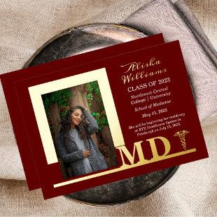Elegant Dr MD Caduceus Photo Graduate Maroon Foil Invitation