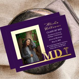 Elegant Dr MD Caduceus Photo Graduate Purple Foil Invitation
