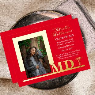 Elegant Dr MD Caduceus Photo Graduate Red Foil Invitation