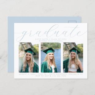 Elegant Dusty Blue Minimalist Graduation 3 Photo Invitation Postcard