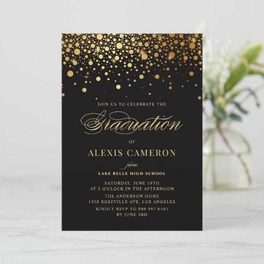 Elegant Faux Gold Foil Confetti Black Graduation Invitation