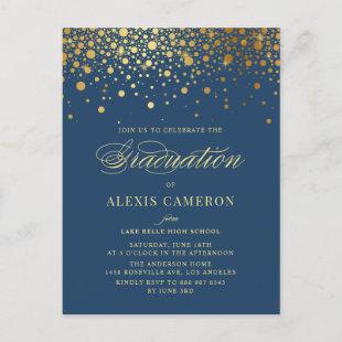 Elegant Faux Gold Foil Confetti Blue Graduation Invitation Postcard
