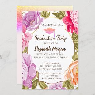Elegant Floral, Glitter Graduation Cap Invitation