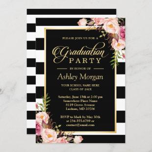 Elegant Floral Gold Black White Stripes Graduation Invitation