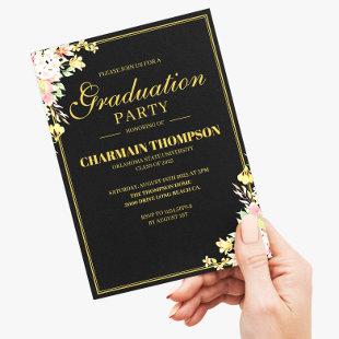 Elegant Floral Gold Border Formal Black Graduation Invitation