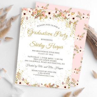 Elegant Floral Gold Confetti Pink Graduation Party Invitation