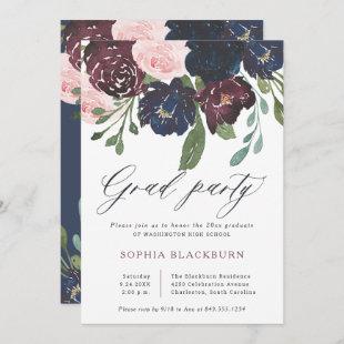 Elegant Floral | Navy Blue and Plum Grad Party Invitation