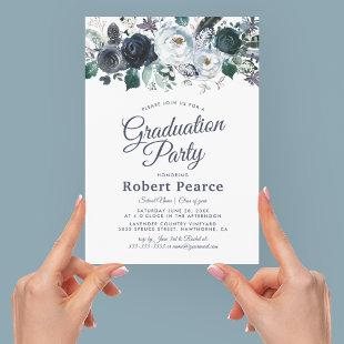 Elegant Floral Watercolor Blue Graduation Party Invitation