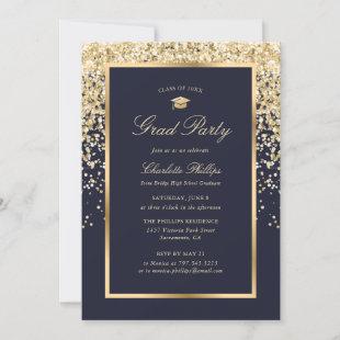 Elegant Framed Blue Gold Photo Graduation Party Invitation