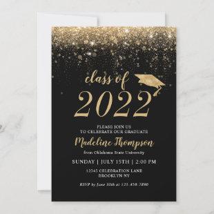 Elegant Glitter Black Gold Hat Graduation Party Invitation
