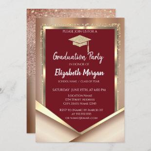 Elegant Glitter Gold Diamonds Maroon Graduation  Invitation
