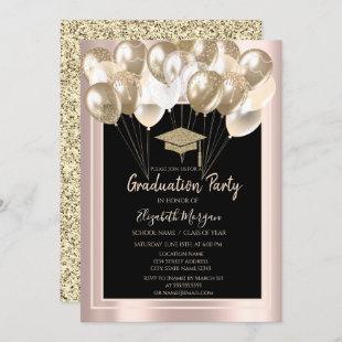 Elegant Glitter Grad Cap,Balloons Rose Gold  Invitation