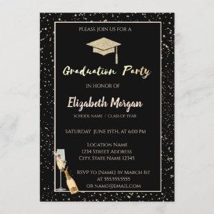 Elegant Glitter Graduation Cap,Confetti,Wine,Glass Invitation