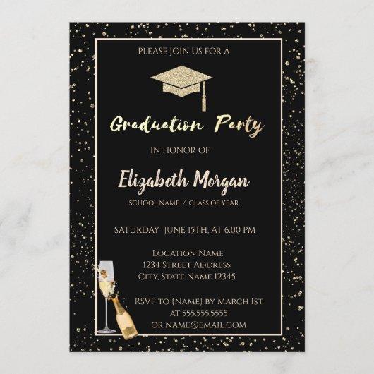 Elegant Glitter Graduation Cap,Confetti,Wine,Glass Invitation