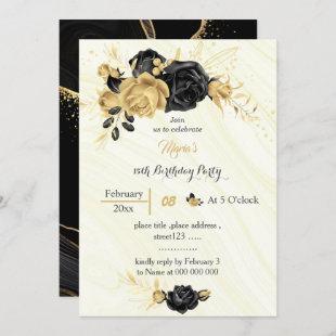 Elegant gold & black flowers birthday  invitation