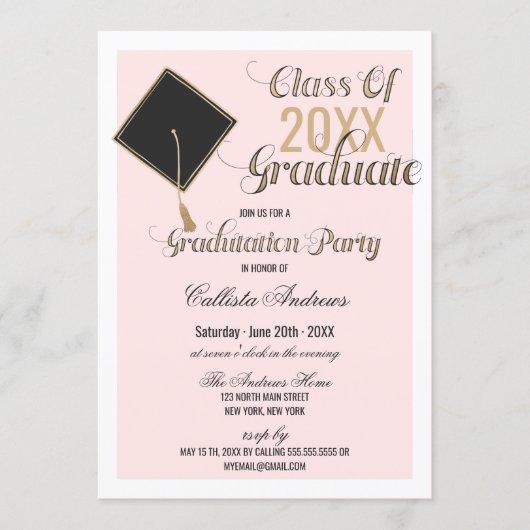Elegant Gold Black Pink Cap Typography Graduation Invitation