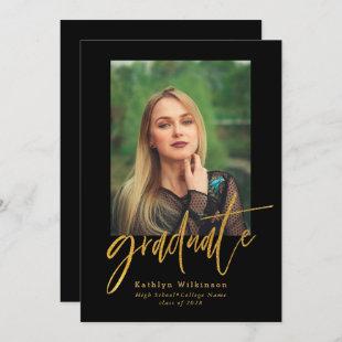 Elegant Gold Black Script 5 Photo Collage Grad Invitation