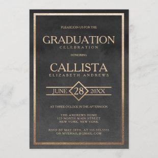 Elegant Gold Black Watercolor Frame Graduation Invitation